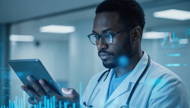 Man in white lab coat studies data on digital tablet. Graphs and text display on screen. Desk and dark wood floor create focused atmosphere. Quiet environment for professional work.