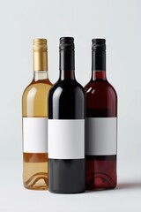 Obraz premium Trio of wine bottles with blank labels in varied colors