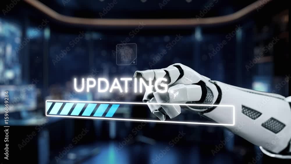 Poster a robot arm points at a glowing updating progress bar on a transparent screen, surrounded by various