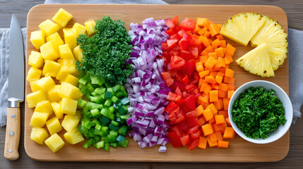 Vibrant array of chopped vegetables and fruits, including pineapple, bell peppers, onions, tomatoes, and parsley, is neatly arranged wooden cutting board. knife and small bowl of parsley