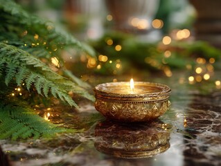 Ornate golden diya filled with oil and a flame sits on a marble surface next to green ferns and bokeh lights