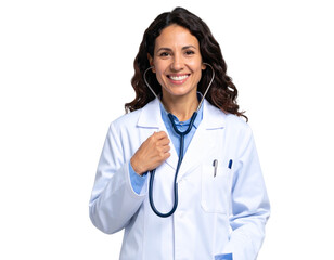 Female doctor smiling with stethoscope PNG cutout