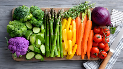 Vibrant array of fresh vegetables including broccoli, asparagus, carrots, and tomatoes is neatly arranged on wooden cutting board, showcasing colorful and healthy kitchen preparation
