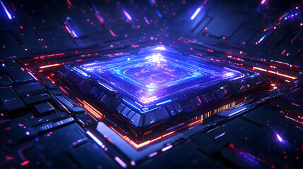 Obraz premium Glowing, futuristic microchip with neon lights and intricate circuitry creates high tech, sci fi atmosphere. abstract design features layers and vibrant colors, evoking sense of advanced