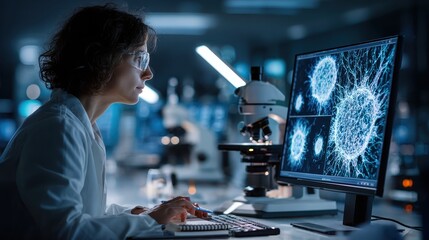 Scientist analyzing microscopic cells on computer screen in lab