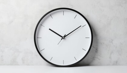 Black and white clock on textured gray wall in minimalist style studio. Elegant round face shows time with 9 and 12 marked. Simple, modern design for home or office decor.