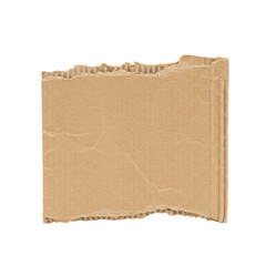 Brown corrugated cardboard with prominent rough, fibrous texture and vertical fluting, a jagged, torn top edge, isolated against transparent background with ample copy space, even, shadowless