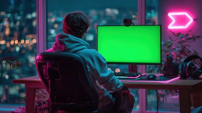 Gamer playing video games green screen night city view