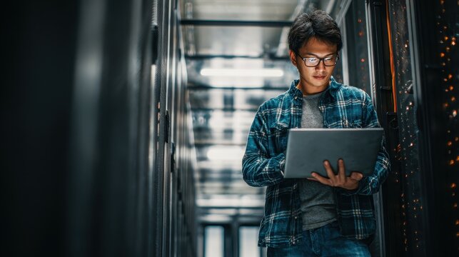 IT Specialist Working in Server Room Laptop Data Center Technology