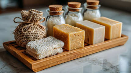 Fototapeta premium Natural bathroom essentials including handmade soap bars, loofahs, and glass jars with cork lids are arranged on bamboo tray, creating eco friendly and serene atmosphere