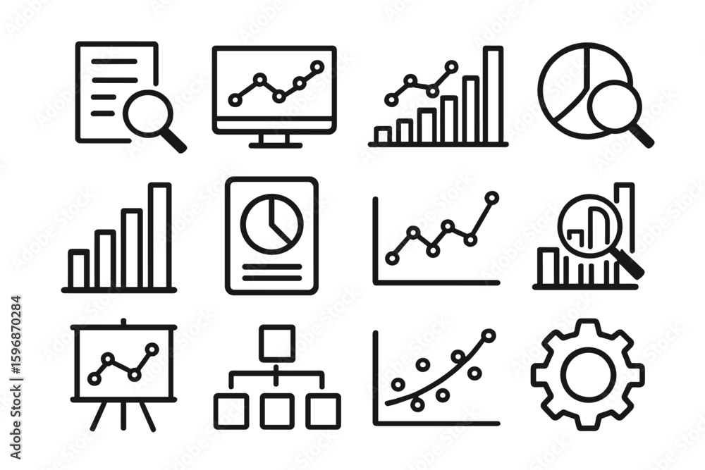 Poster this set includes 40 web icons related to data analysis, presented in a line style, covering various