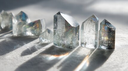 Crystalline ice formations with prismatic light refractions on white surface