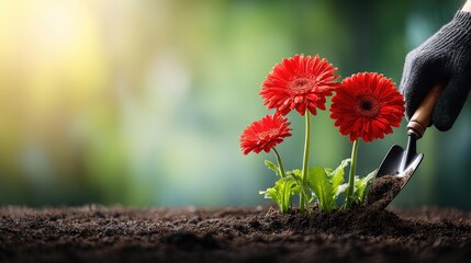 Obraz premium Red flowers being planted in rich soil.
