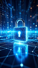 Digital padlock on a network of glowing lines