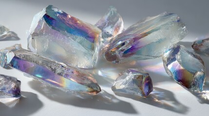 Crystalline ice formations with prismatic light refractions on white surface