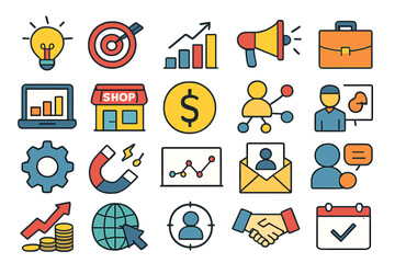 Collection of business and marketing icons in a flat design style