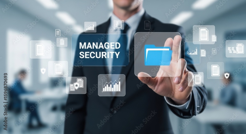 Poster man in suit touches screen with managed security and data icons business finance