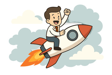 The concept of business growth, increasing investment profits, rapid expansion, or enhanced sales and revenue, symbolized by a businessman ascending on a rocket along a rising bar graph or growth