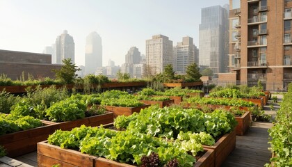 Fototapeta premium Urban rooftop garden in New York City features raised beds with lettuce, arugula, radishes. Wooden fence surrounds green oasis amidst skyscrapers, offering peaceful escape from city noise.