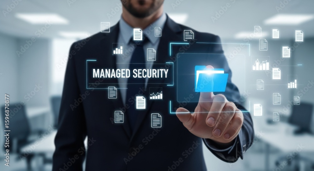 Leinwandbilder man in suit touching digital interface displaying managed security and data files business finance