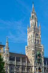 Fototapeta premium View of the Munich town hall, Bavaria, Germany, neo-Gothic building