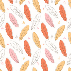 Seamless feather pattern in warm pastel tones with orange, pink, and yellow on a white background. Ideal for fabric, gift wrap, kids' products, or boho-themed designs.