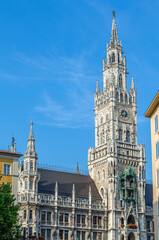 Fototapeta premium View of the Munich town hall, Bavaria, Germany, neo-Gothic building