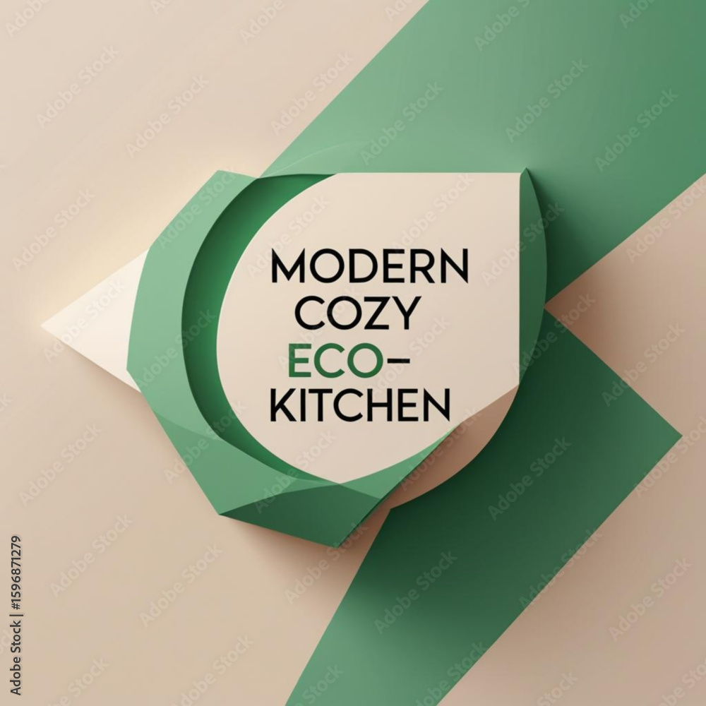 Aufkleber geometric composition with green paper shapes and a central square with text on a light surface
