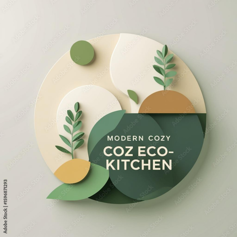 Poster botanical themed design featuring plants and circular elements in muted earth tones with text overla