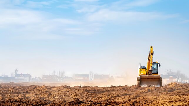 Yellow excavator digging in a dusty construction site under a hazy sky