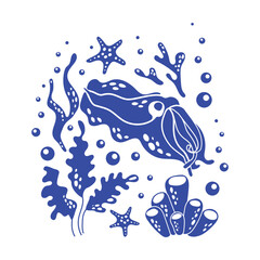 Blue silhouettes of sea cuttlefish and algae with bubbles under water in simple style. Underwater world. Monochrome picture stamp with sea fish and jellyfish. Vector for stickers, textiles, postcards.