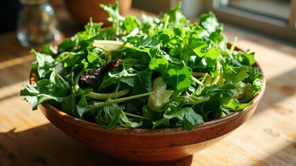Fototapeta premium Fresh mixed salad in wooden bowl with sunlight shining through 