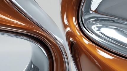 Abstract design featuring flowing, metallic shapes in copper and silver tones.