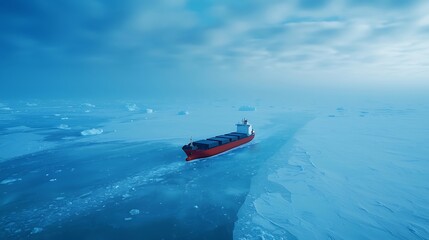 Obraz premium Icebreaker ship navigates through frozen arctic waters under cloudy sky