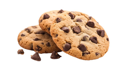 Three Chocolate Chip Cookies with Crumbs on a Transparent Backdrop Ready to Enjoy Snack
