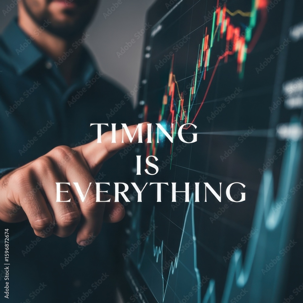Aufkleber man pointing at stock market trading chart on computer screen with text timing is everything finance