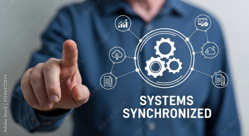 Poster man pointing to interconnected gears and business system icons technology finger hand image