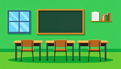 Classroom Interior Illustration with Blackboard, Desks, Chairs, and Window.