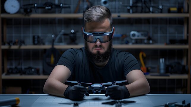 Focused Engineer with VR Goggles Assembling Drone - Innovative, Modern Technology Development in Workshop - Precision