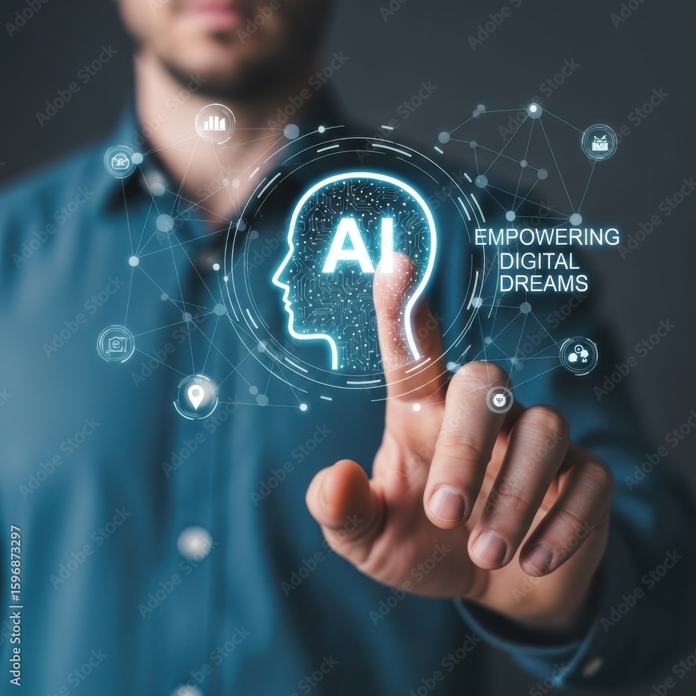 Aufkleber man touches glowing a i head with digital network and icons artificial intelligence technology