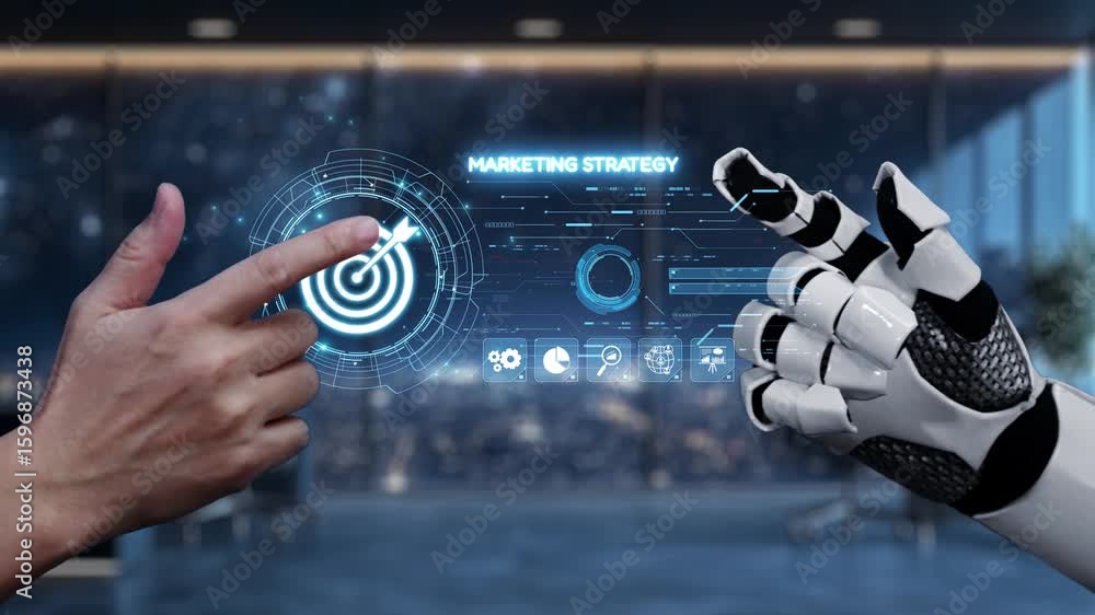 Poster a dynamic scene showcasing the collaboration between a human hand and a robotic hand within a futuri