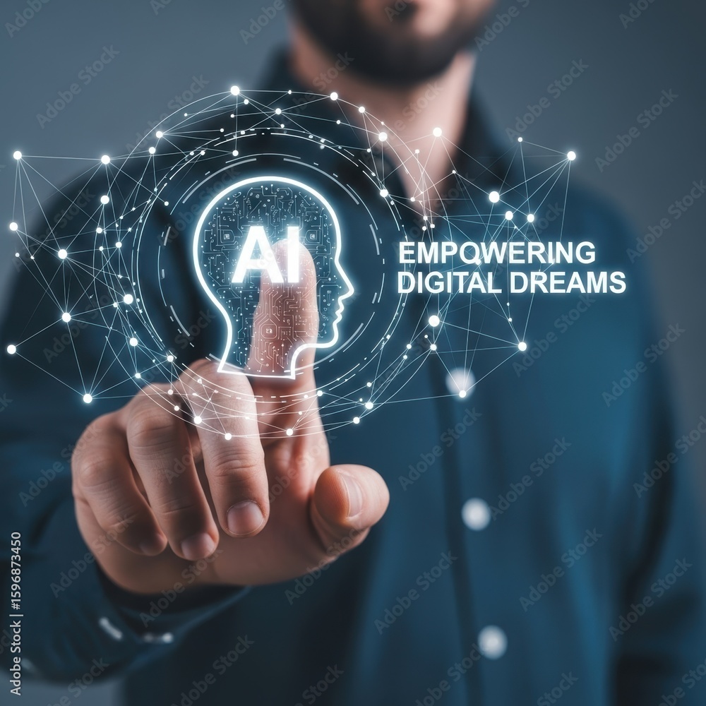 Aufkleber man touching a i head icon with network connections and text artificial intelligence technology