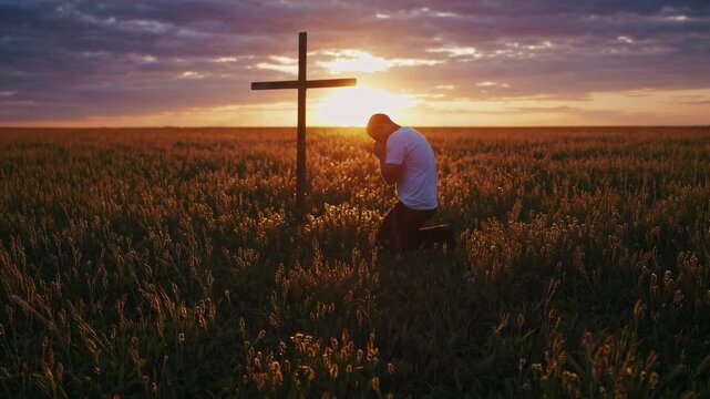 Man kneels in prayer at sunset near wooden cross in expansive field