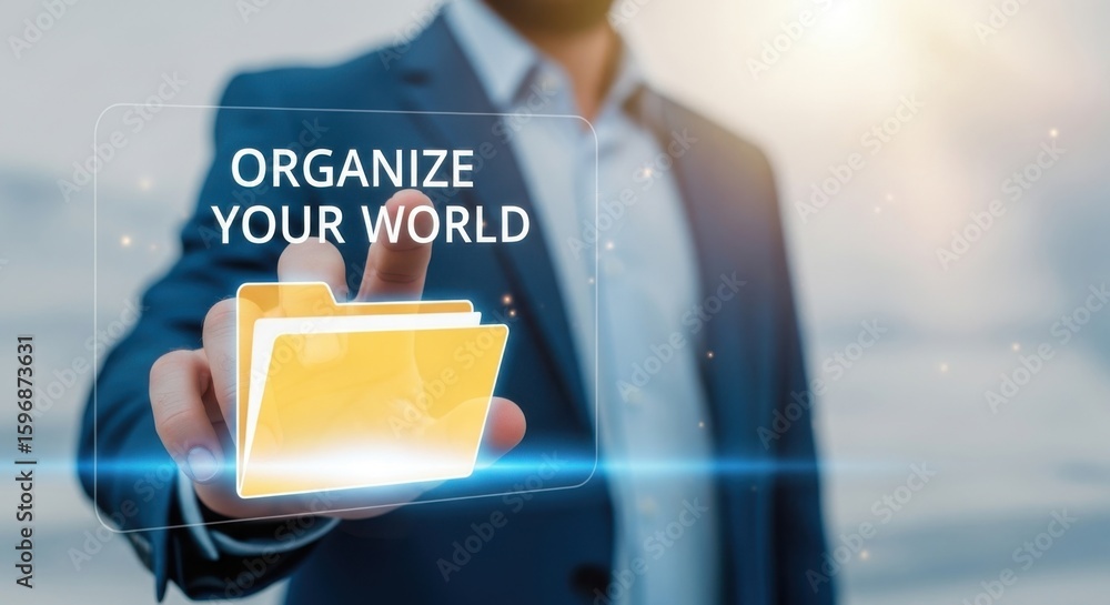 Aufkleber man touching digital interface with folder icon and text organize your world business technology