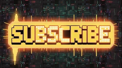 Retro-style "Subscribe" button with glowing pixel art effect on a tech background. - Powered by Adobe