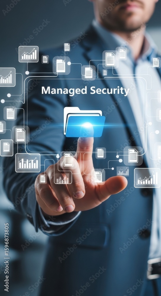 Aufkleber man touching digital interface with managed security folder and charts business technology