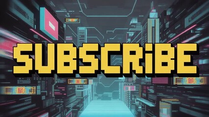 A futuristic cityscape background with a pixelated "SUBSCRIBE" call-to-action. - Powered by Adobe