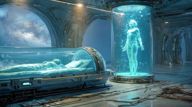 Futuristic Cryosleep Chamber Spaceship Galaxy View Person in Stasis,, 4k video footage