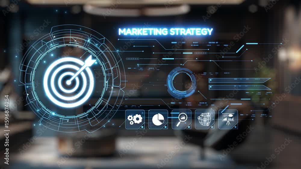 Poster a robotic hand pointing at a digital interface displaying marketing strategy elements in a sleek off