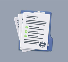 Document stack 3D render vector icon illustration. Contract papers. Paper documents. Folder with stamp and text. Stack of agreements document with signature and approval stamp. Concept of paperwork